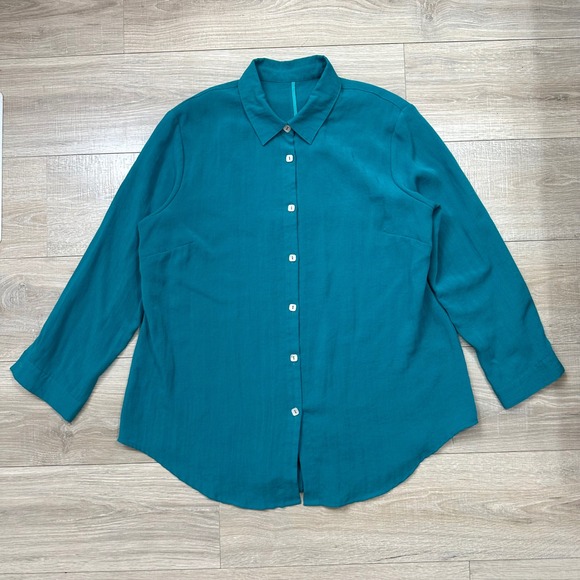 Fridaze‎ Blue Turquoise Tunic Shell Button Up Top 100% Linen Lagenlook Large - Picture 2 of 6